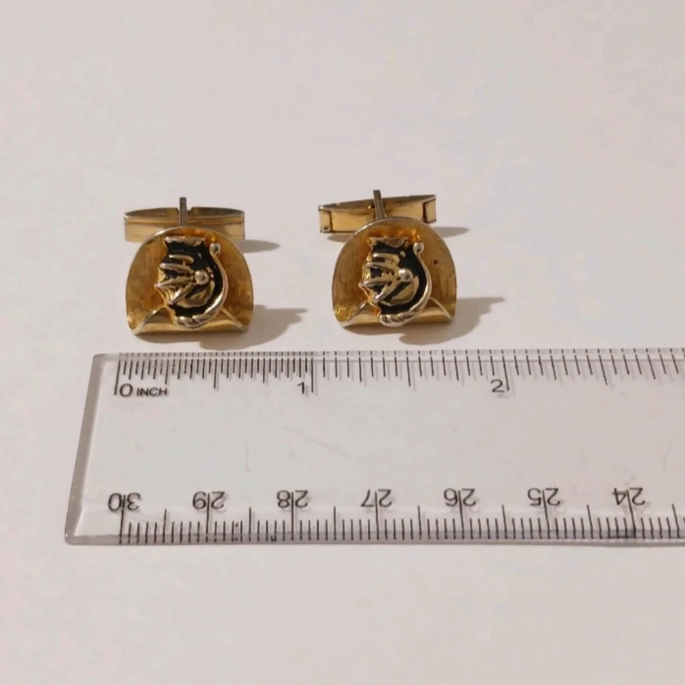 VTG Roman Soldier Warrior Cufflinks Gold Tone Black Enamel Mid Century Knight
